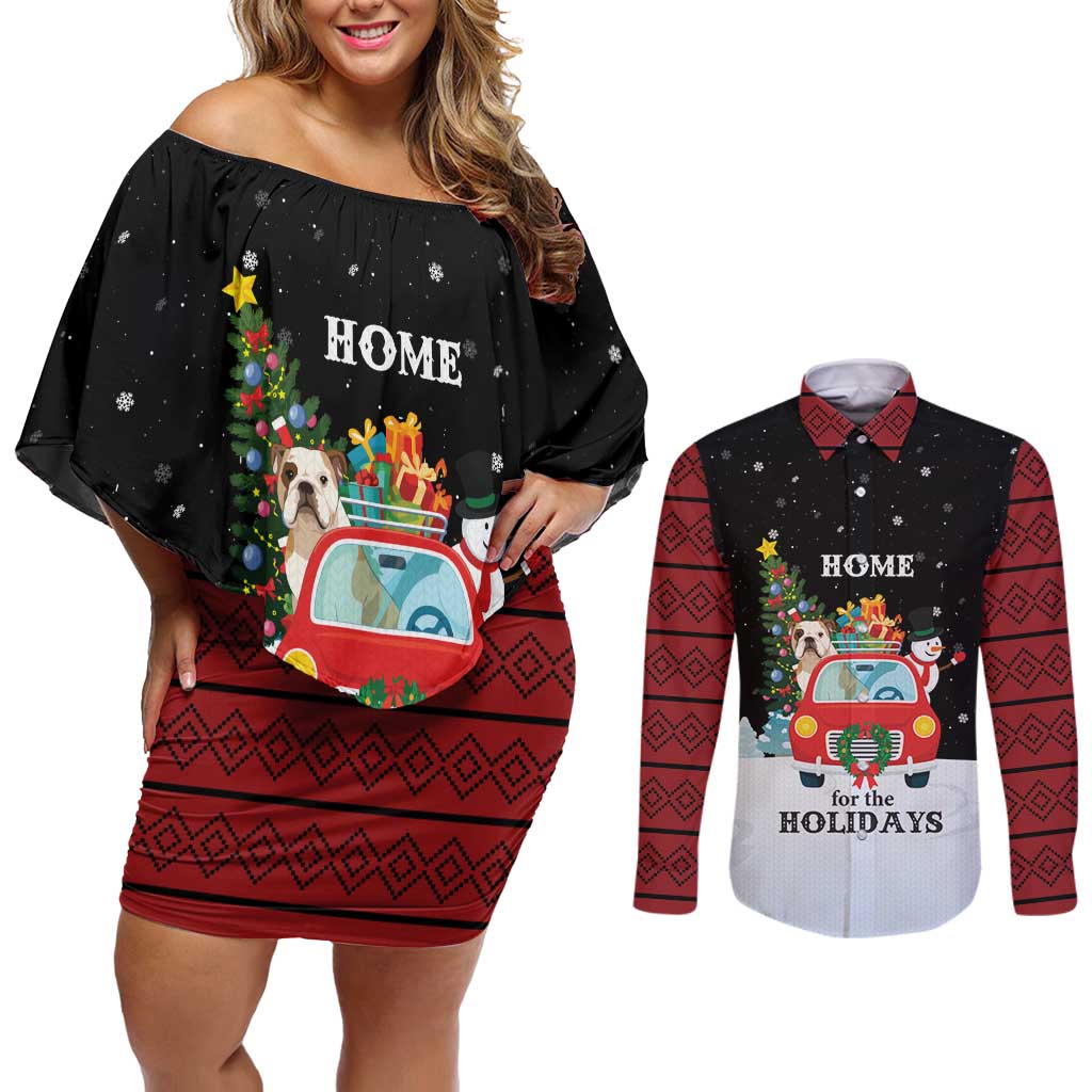 Merry Christmas Bulldog And Snowman Couples Matching Off Shoulder Short Dress and Long Sleeve Button Shirt Dog Snowman Christmas Tree and Red Car Winter Scene - Wonder Print Shop