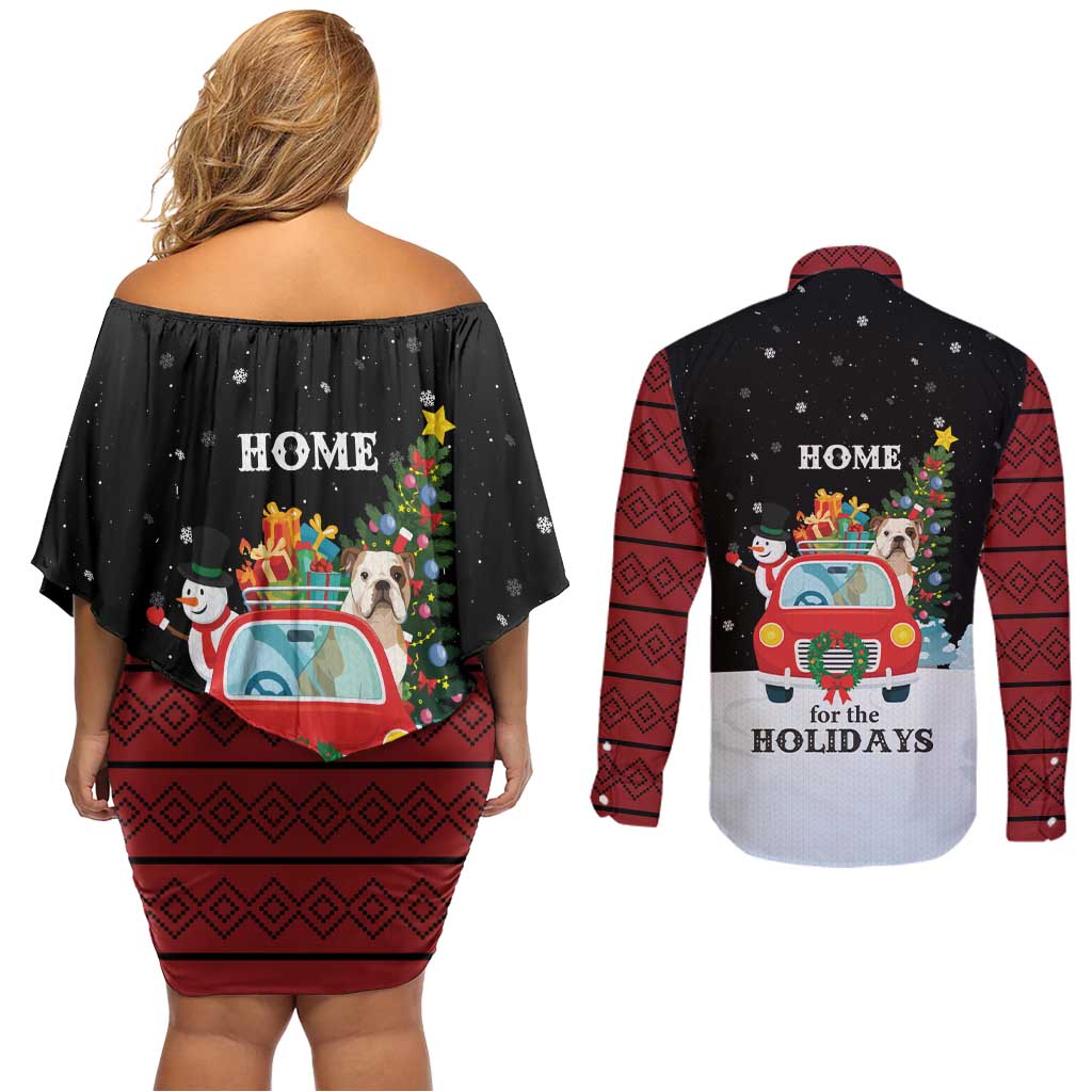 Merry Christmas Bulldog And Snowman Couples Matching Off Shoulder Short Dress and Long Sleeve Button Shirt Dog Snowman Christmas Tree and Red Car Winter Scene - Wonder Print Shop
