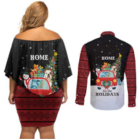 Merry Christmas Bulldog And Snowman Couples Matching Off Shoulder Short Dress and Long Sleeve Button Shirt Dog Snowman Christmas Tree and Red Car Winter Scene - Wonder Print Shop