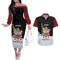 Merry Christmas Bulldog And Snowman Couples Matching Off The Shoulder Long Sleeve Dress and Hawaiian Shirt Dog Snowman Christmas Tree and Red Car Winter Scene - Wonder Print Shop