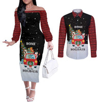 Merry Christmas Bulldog And Snowman Couples Matching Off The Shoulder Long Sleeve Dress and Long Sleeve Button Shirt Dog Snowman Christmas Tree and Red Car Winter Scene - Wonder Print Shop