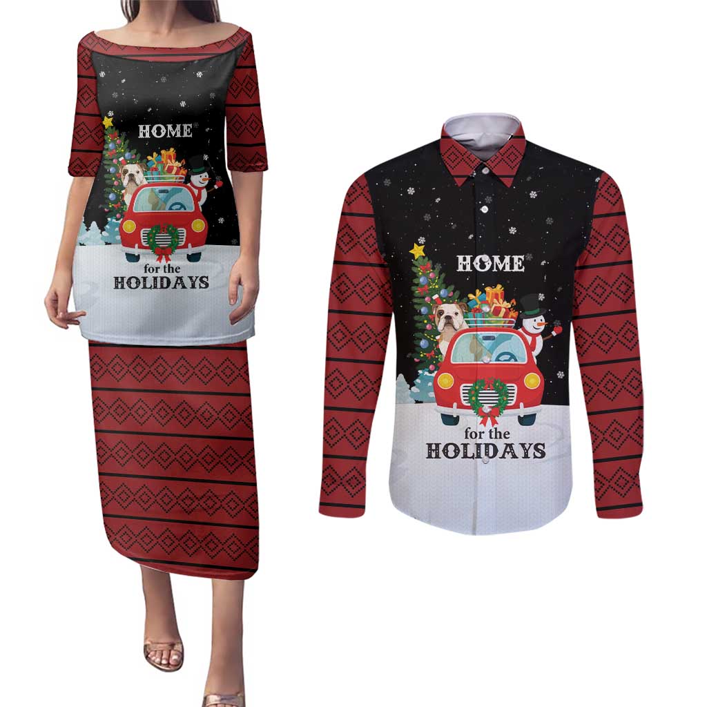 Merry Christmas Bulldog And Snowman Couples Matching Puletasi and Long Sleeve Button Shirt Dog Snowman Christmas Tree and Red Car Winter Scene - Wonder Print Shop