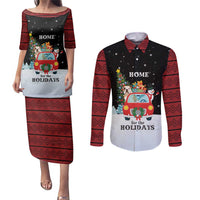 Merry Christmas Bulldog And Snowman Couples Matching Puletasi and Long Sleeve Button Shirt Dog Snowman Christmas Tree and Red Car Winter Scene - Wonder Print Shop