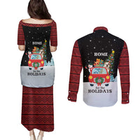 Merry Christmas Bulldog And Snowman Couples Matching Puletasi and Long Sleeve Button Shirt Dog Snowman Christmas Tree and Red Car Winter Scene - Wonder Print Shop