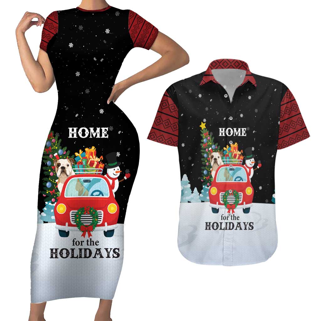 Merry Christmas Bulldog And Snowman Couples Matching Short Sleeve Bodycon Dress and Hawaiian Shirt Dog Snowman Christmas Tree and Red Car Winter Scene - Wonder Print Shop