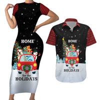Merry Christmas Bulldog And Snowman Couples Matching Short Sleeve Bodycon Dress and Hawaiian Shirt Dog Snowman Christmas Tree and Red Car Winter Scene - Wonder Print Shop
