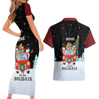 Merry Christmas Bulldog And Snowman Couples Matching Short Sleeve Bodycon Dress and Hawaiian Shirt Dog Snowman Christmas Tree and Red Car Winter Scene - Wonder Print Shop