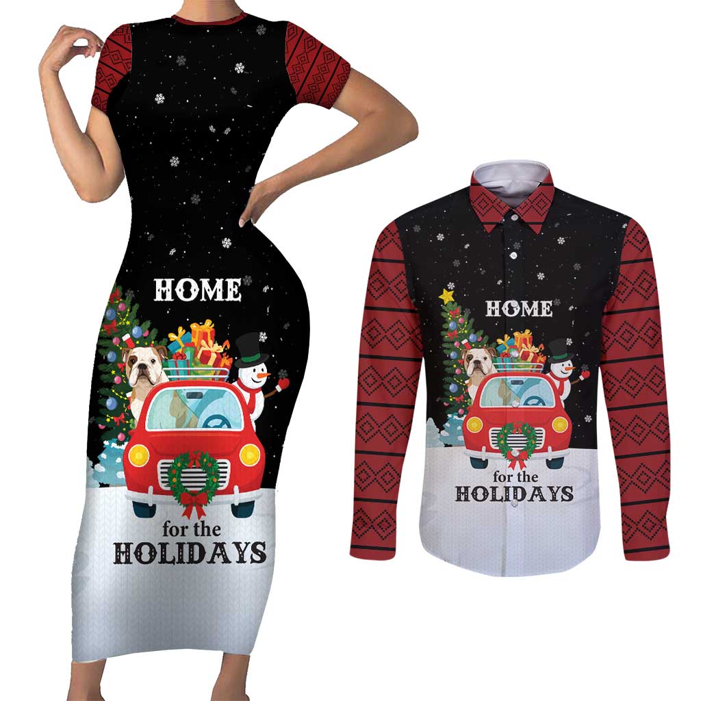 Merry Christmas Bulldog And Snowman Couples Matching Short Sleeve Bodycon Dress and Long Sleeve Button Shirt Dog Snowman Christmas Tree and Red Car Winter Scene - Wonder Print Shop