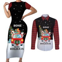Merry Christmas Bulldog And Snowman Couples Matching Short Sleeve Bodycon Dress and Long Sleeve Button Shirt Dog Snowman Christmas Tree and Red Car Winter Scene - Wonder Print Shop
