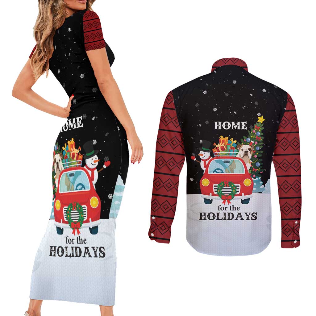 Merry Christmas Bulldog And Snowman Couples Matching Short Sleeve Bodycon Dress and Long Sleeve Button Shirt Dog Snowman Christmas Tree and Red Car Winter Scene - Wonder Print Shop