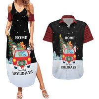 Merry Christmas Bulldog And Snowman Couples Matching Summer Maxi Dress and Hawaiian Shirt Dog Snowman Christmas Tree and Red Car Winter Scene - Wonder Print Shop