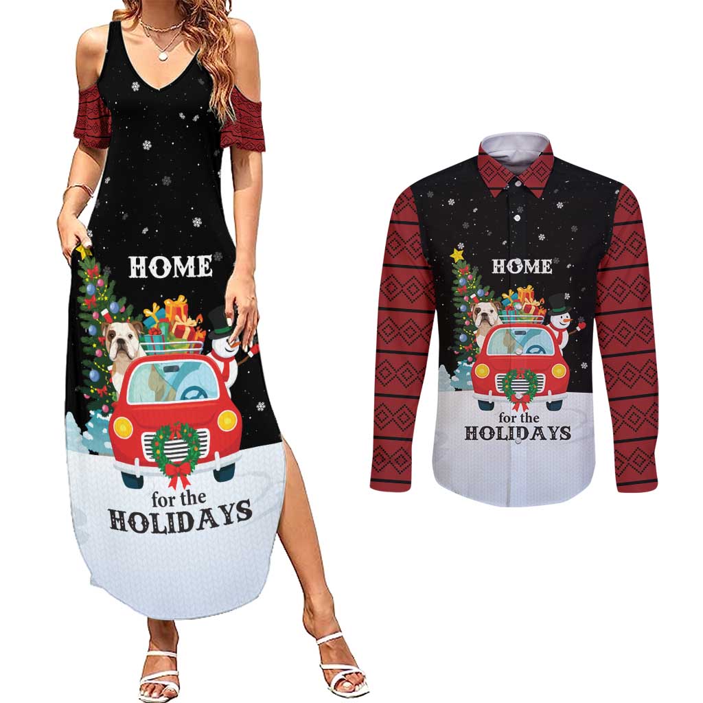 Merry Christmas Bulldog And Snowman Couples Matching Summer Maxi Dress and Long Sleeve Button Shirt Dog Snowman Christmas Tree and Red Car Winter Scene - Wonder Print Shop