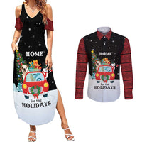 Merry Christmas Bulldog And Snowman Couples Matching Summer Maxi Dress and Long Sleeve Button Shirt Dog Snowman Christmas Tree and Red Car Winter Scene - Wonder Print Shop
