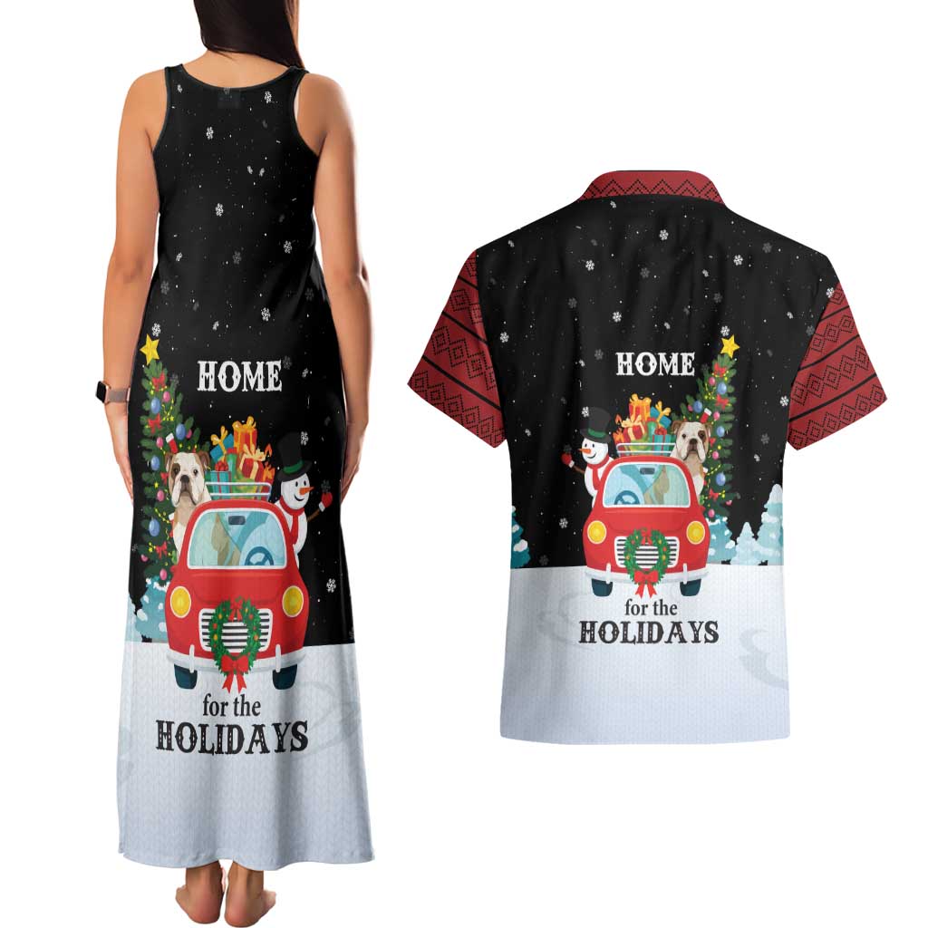 Merry Christmas Bulldog And Snowman Couples Matching Tank Maxi Dress and Hawaiian Shirt Dog Snowman Christmas Tree and Red Car Winter Scene - Wonder Print Shop