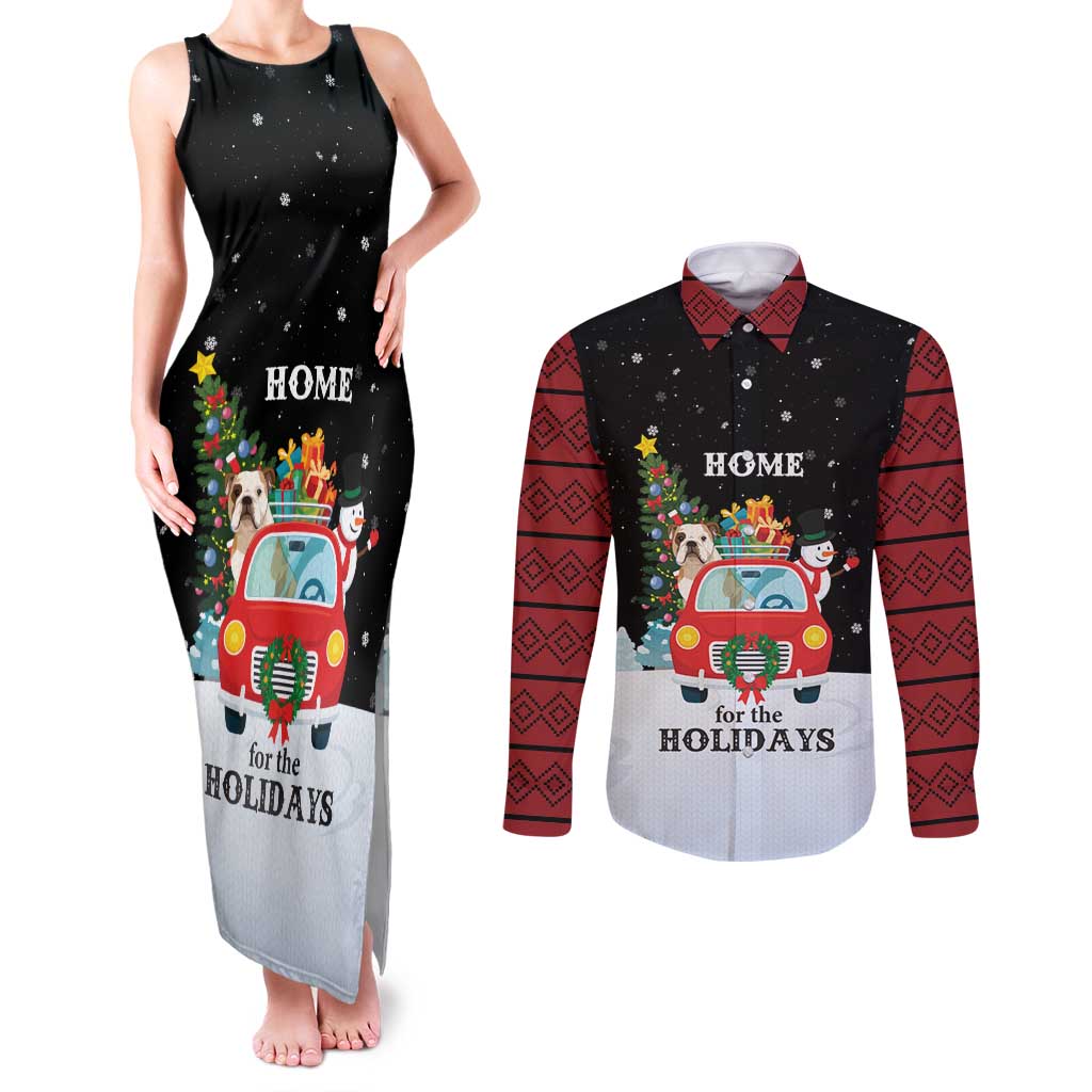 Merry Christmas Bulldog And Snowman Couples Matching Tank Maxi Dress and Long Sleeve Button Shirt Dog Snowman Christmas Tree and Red Car Winter Scene - Wonder Print Shop