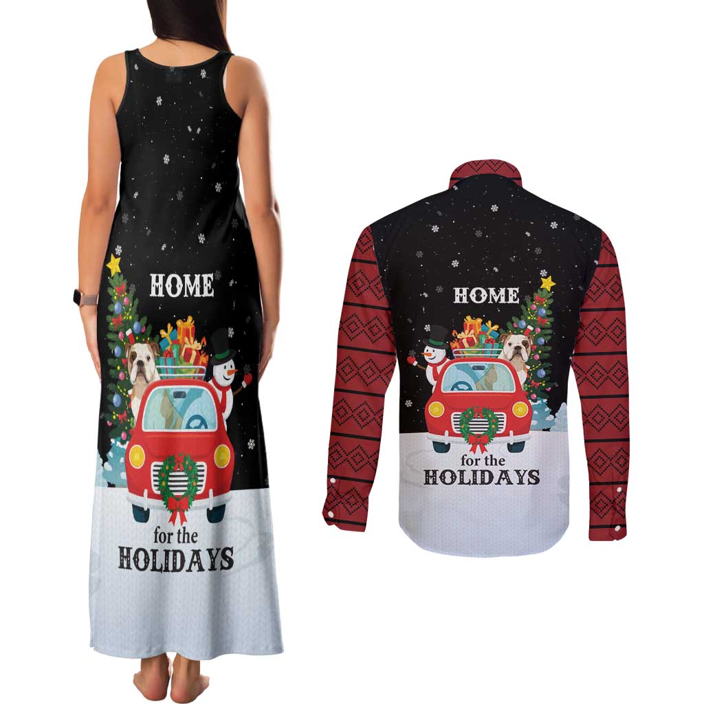 Merry Christmas Bulldog And Snowman Couples Matching Tank Maxi Dress and Long Sleeve Button Shirt Dog Snowman Christmas Tree and Red Car Winter Scene - Wonder Print Shop