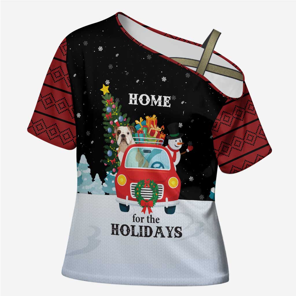 Merry Christmas Bulldog And Snowman Cross Shoulder Shirt Dog Snowman Christmas Tree and Red Car Winter Scene - Wonder Print Shop
