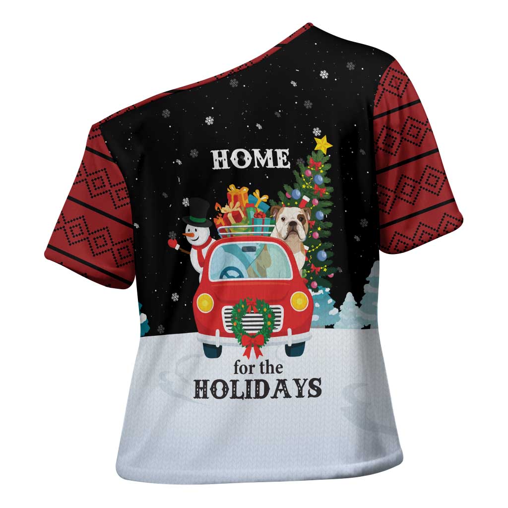 Merry Christmas Bulldog And Snowman Cross Shoulder Shirt Dog Snowman Christmas Tree and Red Car Winter Scene - Wonder Print Shop