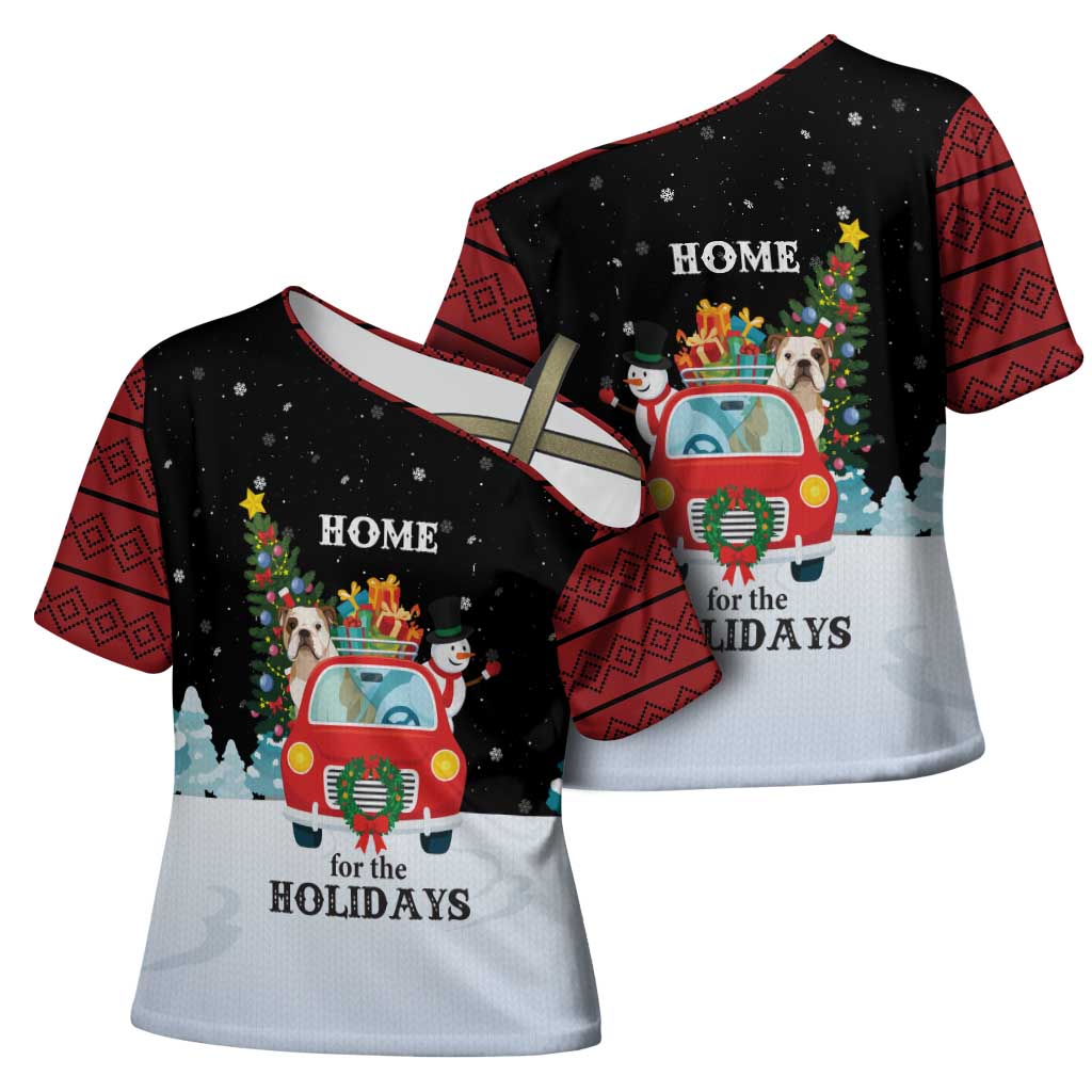 Merry Christmas Bulldog And Snowman Cross Shoulder Shirt Dog Snowman Christmas Tree and Red Car Winter Scene - Wonder Print Shop