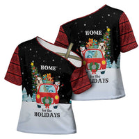 Merry Christmas Bulldog And Snowman Cross Shoulder Shirt Dog Snowman Christmas Tree and Red Car Winter Scene - Wonder Print Shop