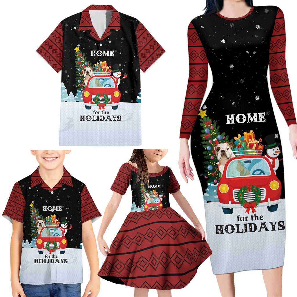Merry Christmas Bulldog And Snowman Family Matching Long Sleeve Bodycon Dress and Hawaiian Shirt Dog Snowman Christmas Tree and Red Car Winter Scene - Wonder Print Shop