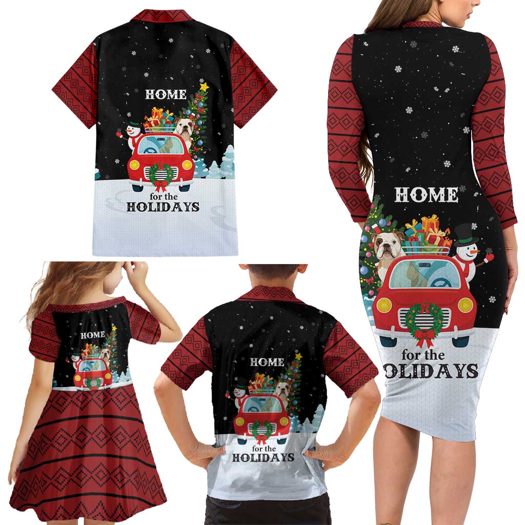 Merry Christmas Bulldog And Snowman Family Matching Long Sleeve Bodycon Dress and Hawaiian Shirt Dog Snowman Christmas Tree and Red Car Winter Scene - Wonder Print Shop