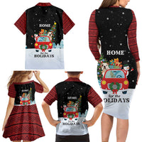 Merry Christmas Bulldog And Snowman Family Matching Long Sleeve Bodycon Dress and Hawaiian Shirt Dog Snowman Christmas Tree and Red Car Winter Scene - Wonder Print Shop
