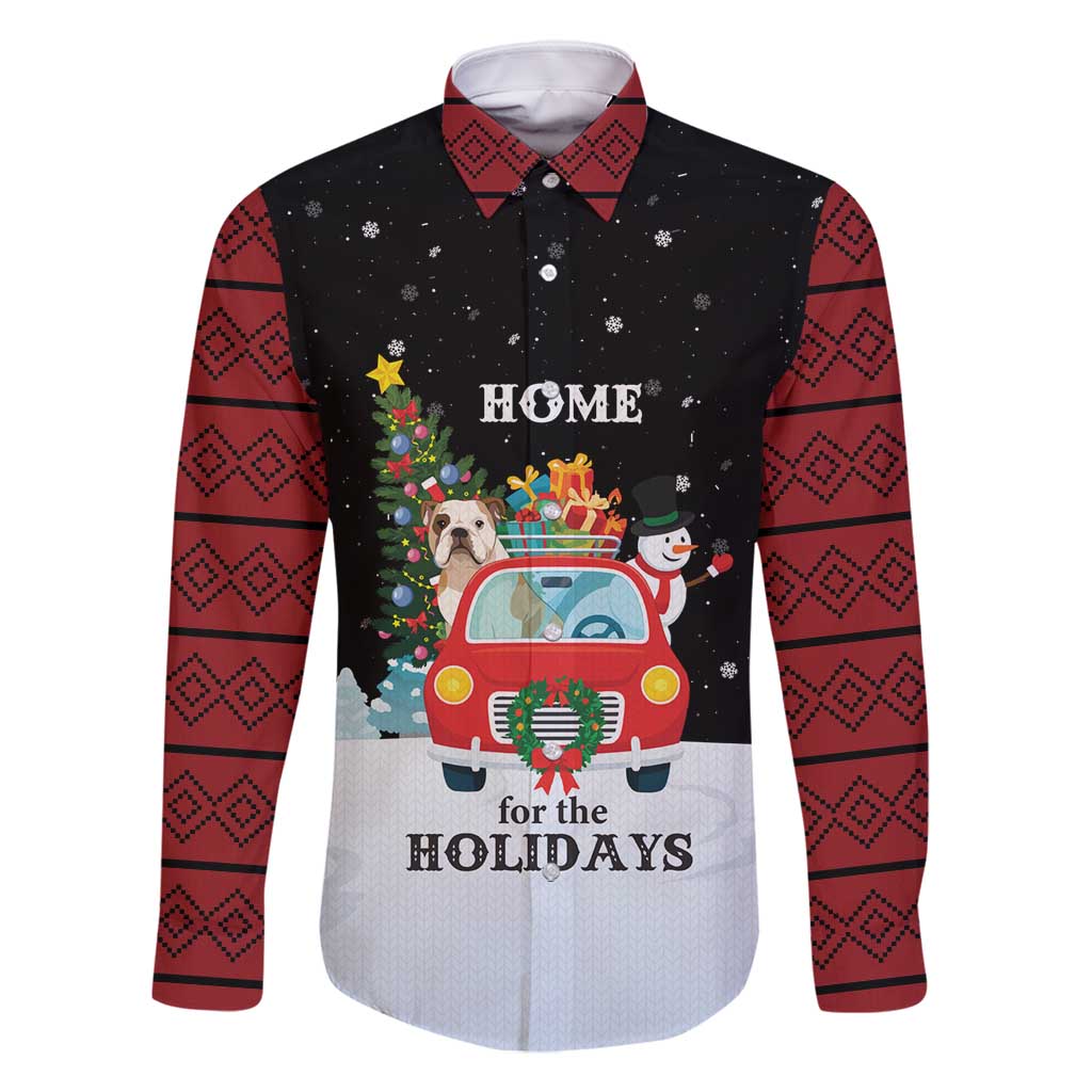 Merry Christmas Bulldog And Snowman Family Matching Long Sleeve Bodycon Dress and Hawaiian Shirt Dog Snowman Christmas Tree and Red Car Winter Scene - Wonder Print Shop