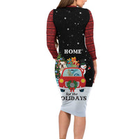 Merry Christmas Bulldog And Snowman Family Matching Long Sleeve Bodycon Dress and Hawaiian Shirt Dog Snowman Christmas Tree and Red Car Winter Scene - Wonder Print Shop