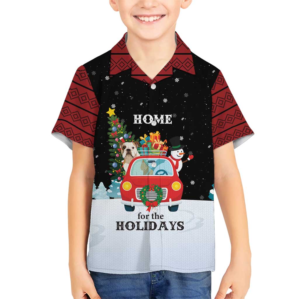 Merry Christmas Bulldog And Snowman Family Matching Long Sleeve Bodycon Dress and Hawaiian Shirt Dog Snowman Christmas Tree and Red Car Winter Scene - Wonder Print Shop