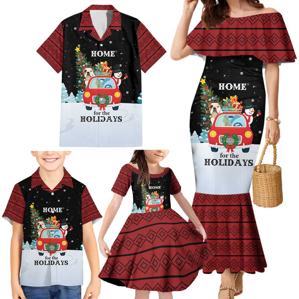 Merry Christmas Bulldog And Snowman Family Matching Mermaid Dress and Hawaiian Shirt Dog Snowman Christmas Tree and Red Car Winter Scene - Wonder Print Shop