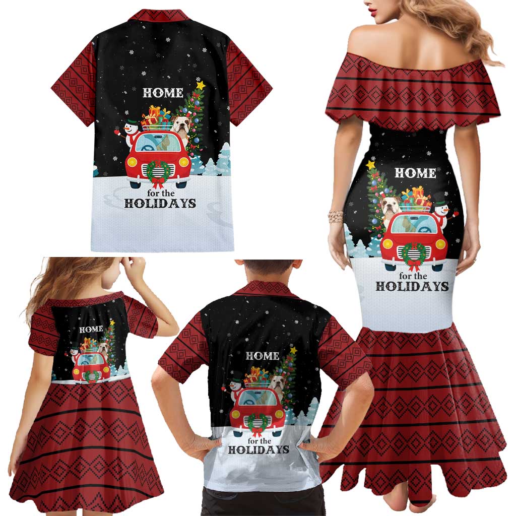 Merry Christmas Bulldog And Snowman Family Matching Mermaid Dress and Hawaiian Shirt Dog Snowman Christmas Tree and Red Car Winter Scene - Wonder Print Shop