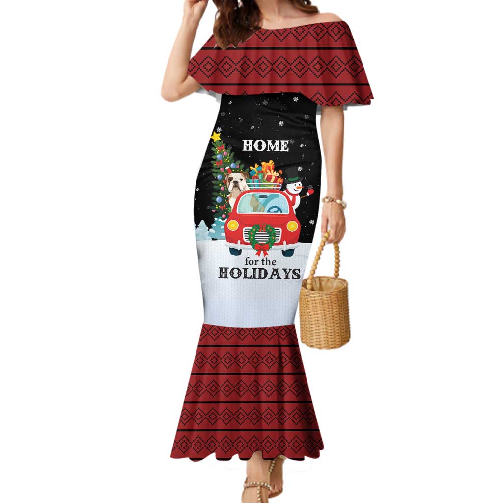 Merry Christmas Bulldog And Snowman Family Matching Mermaid Dress and Hawaiian Shirt Dog Snowman Christmas Tree and Red Car Winter Scene - Wonder Print Shop