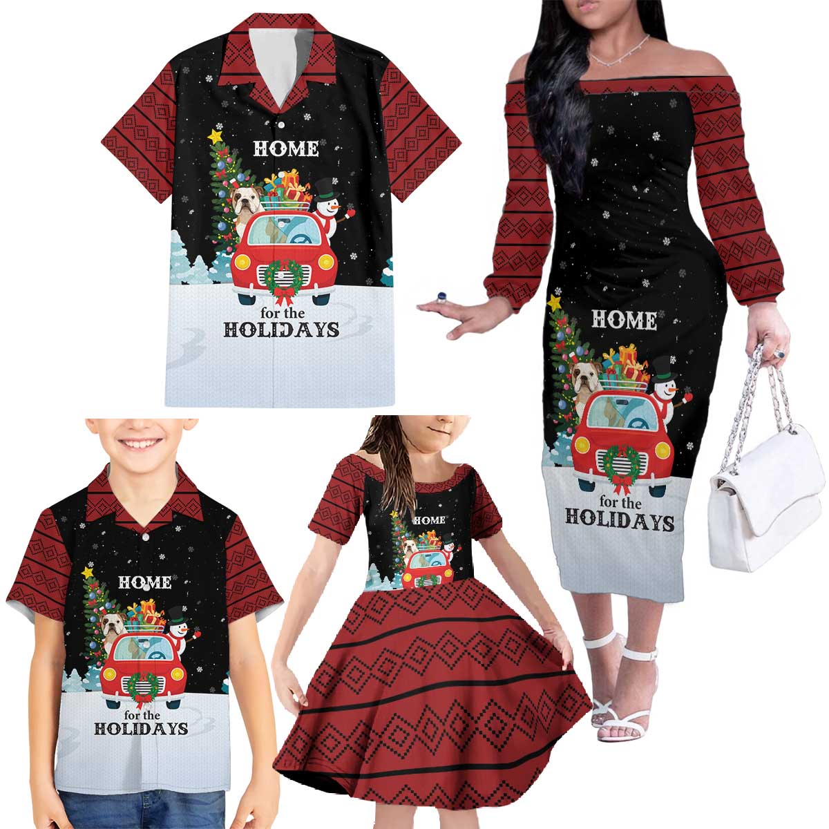 Merry Christmas Bulldog And Snowman Family Matching Off The Shoulder Long Sleeve Dress and Hawaiian Shirt Dog Snowman Christmas Tree and Red Car Winter Scene - Wonder Print Shop