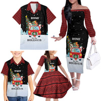 Merry Christmas Bulldog And Snowman Family Matching Off The Shoulder Long Sleeve Dress and Hawaiian Shirt Dog Snowman Christmas Tree and Red Car Winter Scene - Wonder Print Shop