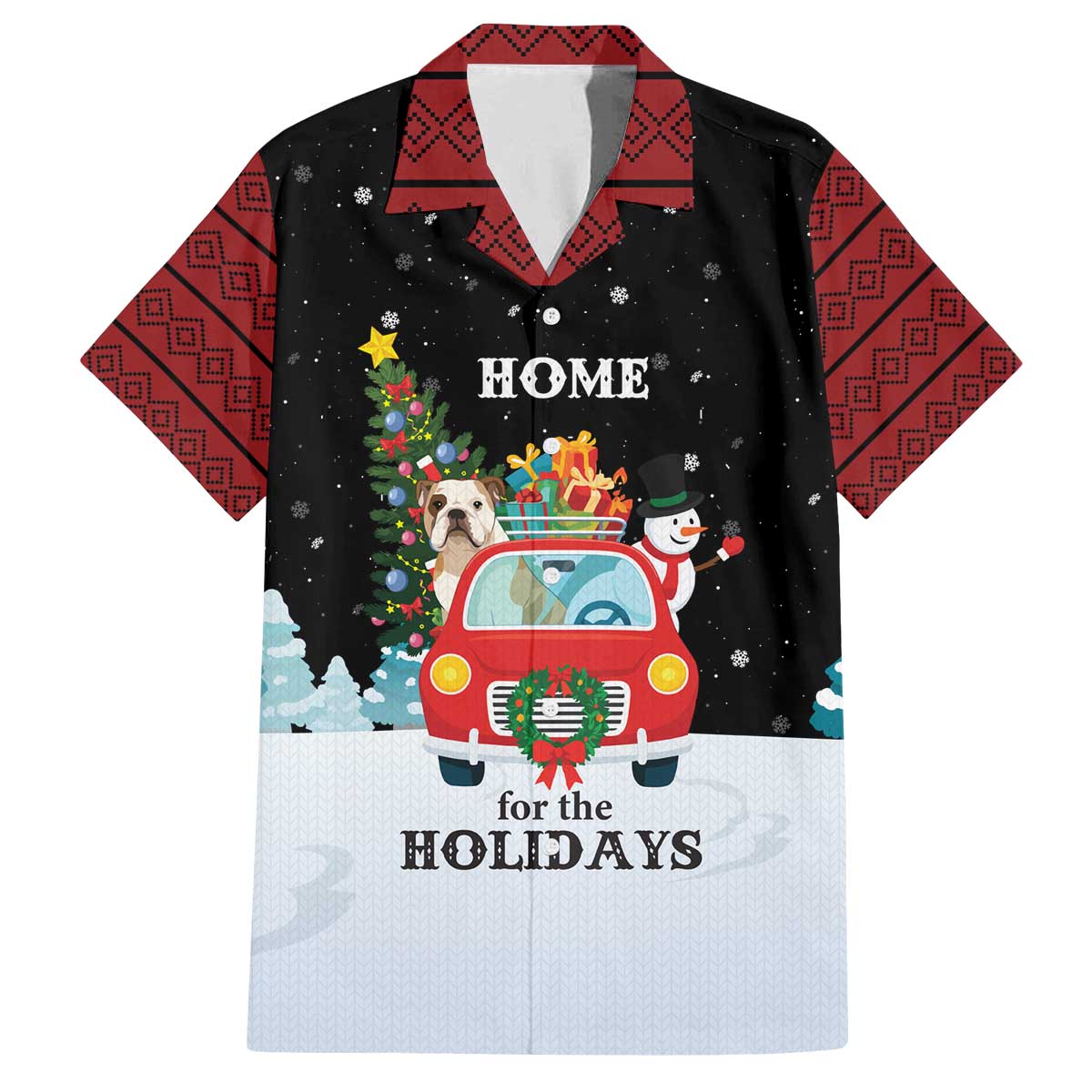 Merry Christmas Bulldog And Snowman Family Matching Off The Shoulder Long Sleeve Dress and Hawaiian Shirt Dog Snowman Christmas Tree and Red Car Winter Scene - Wonder Print Shop