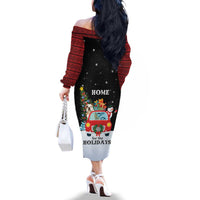 Merry Christmas Bulldog And Snowman Family Matching Off The Shoulder Long Sleeve Dress and Hawaiian Shirt Dog Snowman Christmas Tree and Red Car Winter Scene - Wonder Print Shop