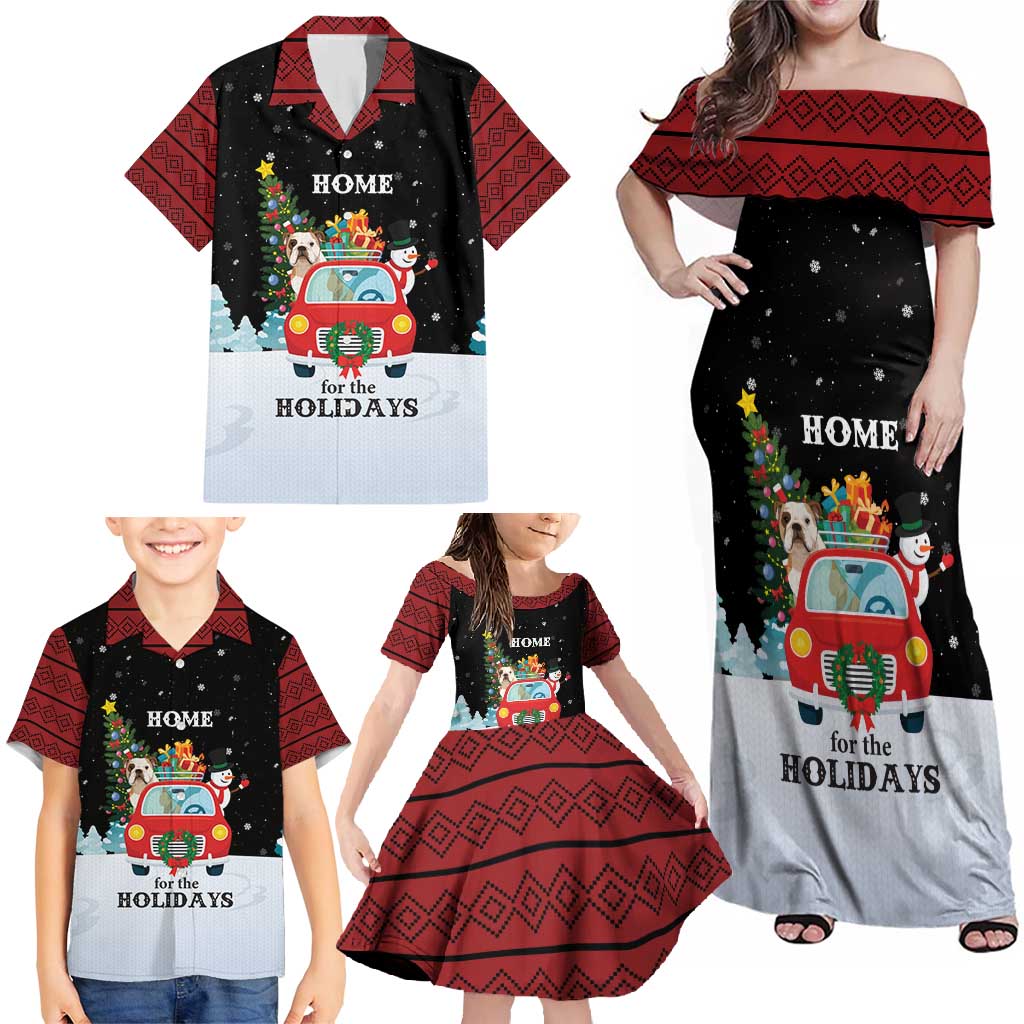 Merry Christmas Bulldog And Snowman Family Matching Off Shoulder Maxi Dress and Hawaiian Shirt Dog Snowman Christmas Tree and Red Car Winter Scene - Wonder Print Shop