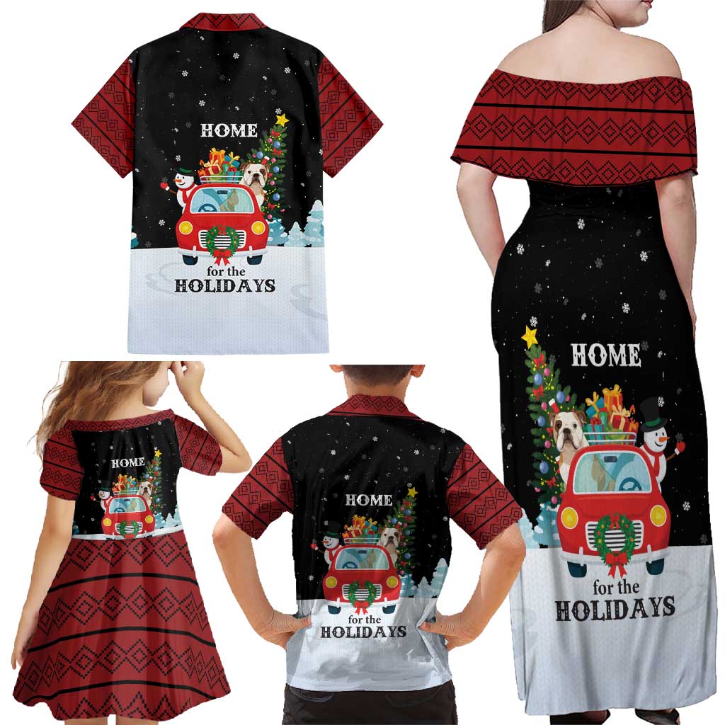 Merry Christmas Bulldog And Snowman Family Matching Off Shoulder Maxi Dress and Hawaiian Shirt Dog Snowman Christmas Tree and Red Car Winter Scene - Wonder Print Shop