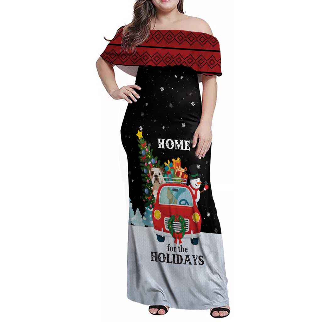 Merry Christmas Bulldog And Snowman Family Matching Off Shoulder Maxi Dress and Hawaiian Shirt Dog Snowman Christmas Tree and Red Car Winter Scene - Wonder Print Shop