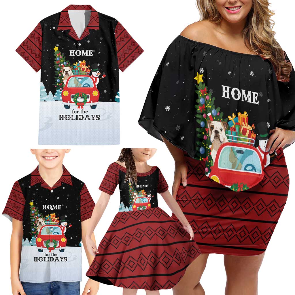 Merry Christmas Bulldog And Snowman Family Matching Off Shoulder Short Dress and Hawaiian Shirt Dog Snowman Christmas Tree and Red Car Winter Scene - Wonder Print Shop