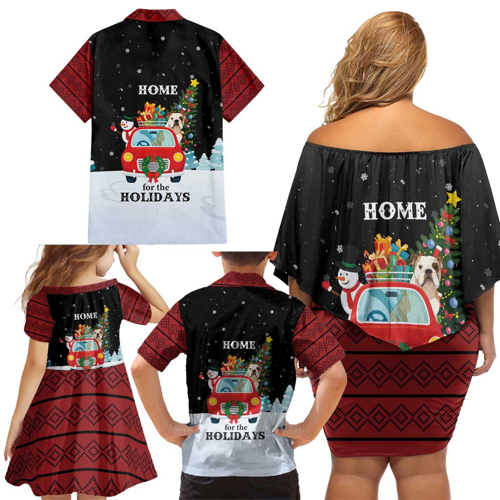 Merry Christmas Bulldog And Snowman Family Matching Off Shoulder Short Dress and Hawaiian Shirt Dog Snowman Christmas Tree and Red Car Winter Scene - Wonder Print Shop