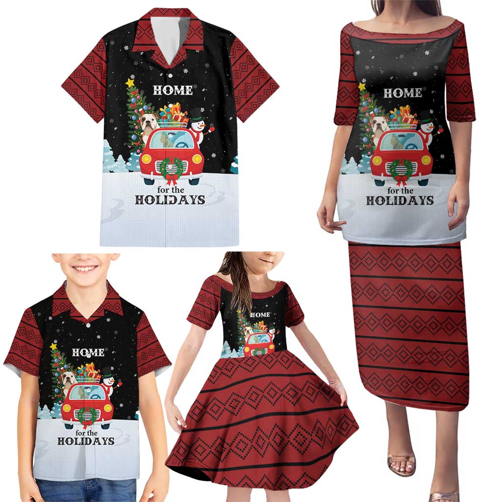 Merry Christmas Bulldog And Snowman Family Matching Puletasi and Hawaiian Shirt Dog Snowman Christmas Tree and Red Car Winter Scene - Wonder Print Shop