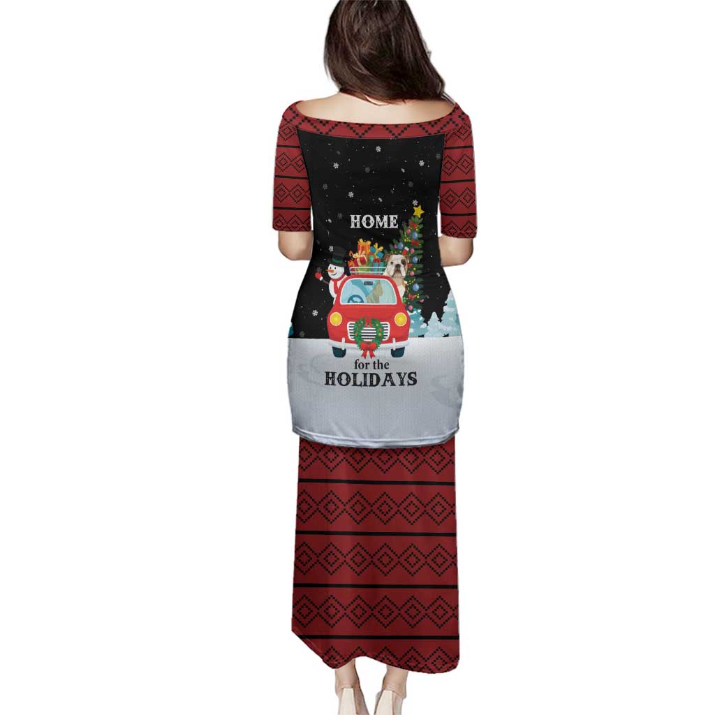 Merry Christmas Bulldog And Snowman Family Matching Puletasi and Hawaiian Shirt Dog Snowman Christmas Tree and Red Car Winter Scene - Wonder Print Shop