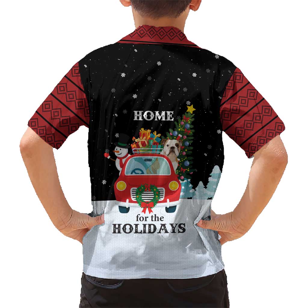 Merry Christmas Bulldog And Snowman Family Matching Short Sleeve Bodycon Dress and Hawaiian Shirt Dog Snowman Christmas Tree and Red Car Winter Scene - Wonder Print Shop
