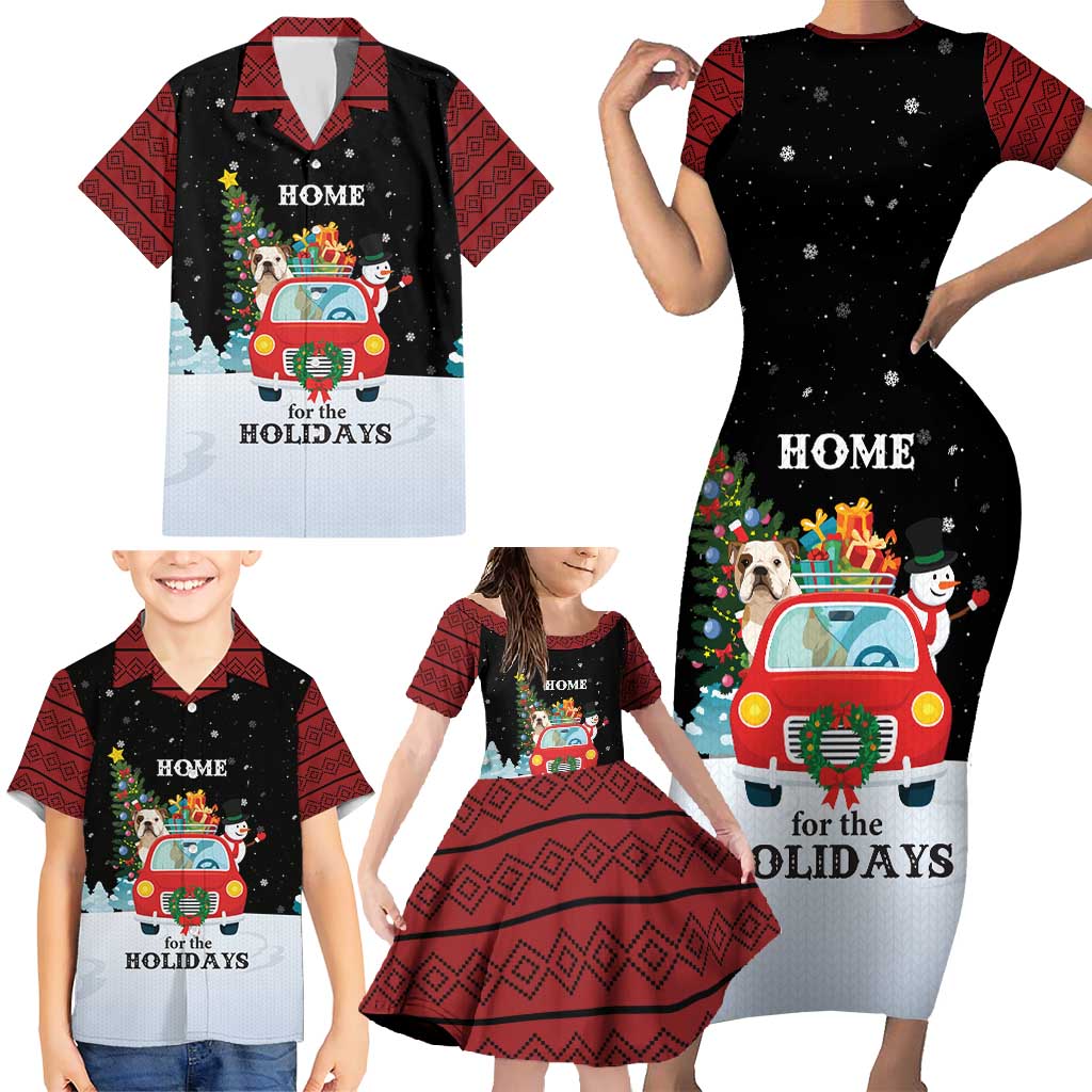 Merry Christmas Bulldog And Snowman Family Matching Short Sleeve Bodycon Dress and Hawaiian Shirt Dog Snowman Christmas Tree and Red Car Winter Scene - Wonder Print Shop