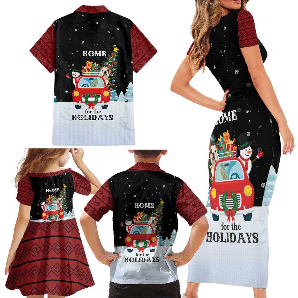 Merry Christmas Bulldog And Snowman Family Matching Short Sleeve Bodycon Dress and Hawaiian Shirt Dog Snowman Christmas Tree and Red Car Winter Scene - Wonder Print Shop