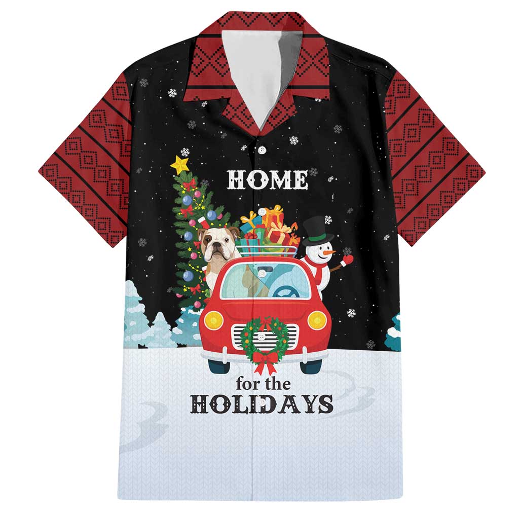 Merry Christmas Bulldog And Snowman Family Matching Short Sleeve Bodycon Dress and Hawaiian Shirt Dog Snowman Christmas Tree and Red Car Winter Scene - Wonder Print Shop