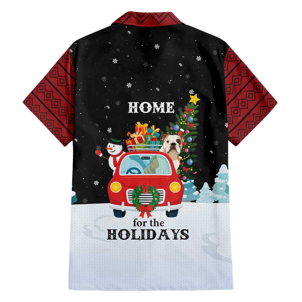 Merry Christmas Bulldog And Snowman Family Matching Short Sleeve Bodycon Dress and Hawaiian Shirt Dog Snowman Christmas Tree and Red Car Winter Scene - Wonder Print Shop