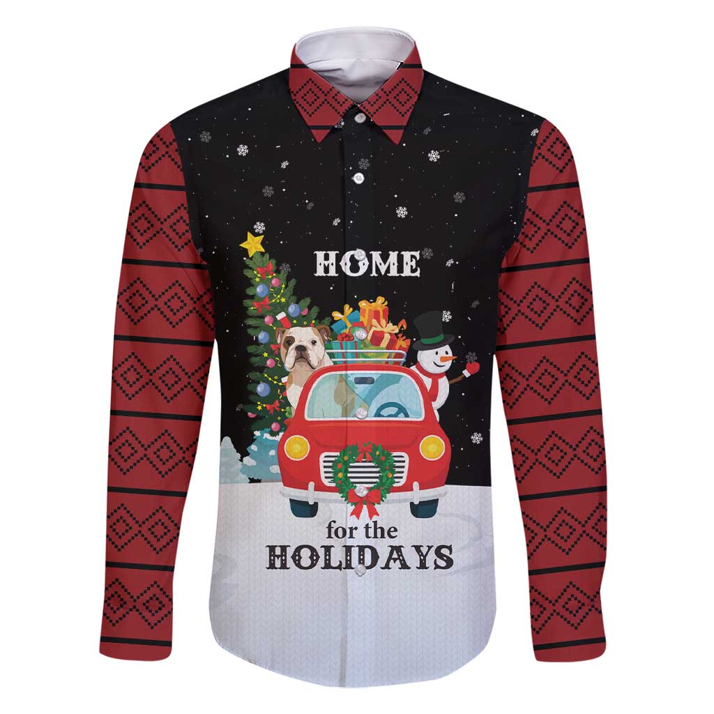 Merry Christmas Bulldog And Snowman Family Matching Short Sleeve Bodycon Dress and Hawaiian Shirt Dog Snowman Christmas Tree and Red Car Winter Scene - Wonder Print Shop